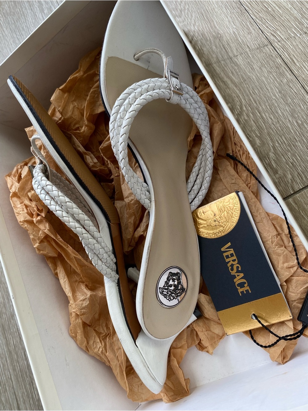 Versace White Braided Strap Kitten Heels